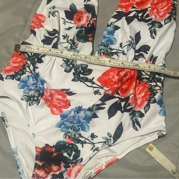 Brazilian women’s *S Low Plunge Front one piece floral swimsuit multiway tie NEW - Picture 5 of 8